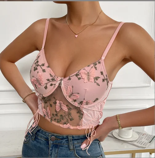 

Sexy backless lingerie perspective mesh suspenders lace stitching vest French romantic embroidery brassiere strap tube top bra