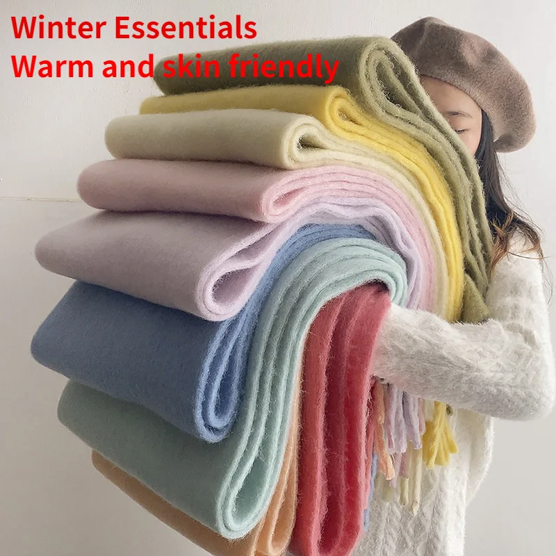 

2022 winter new monochrome Plush heavy soft fluffy lazy wind solid color scarf large brushed thickened warm couple tassel scarf