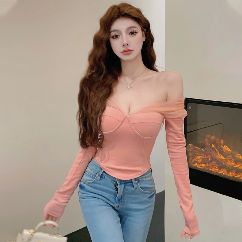 

Female Strapless Mesh Patch Backless Slim T-shirts Solid Color Lady Slash Neck Sexy Bodycon T-shirt 2022 Spring Korean Mujer Top