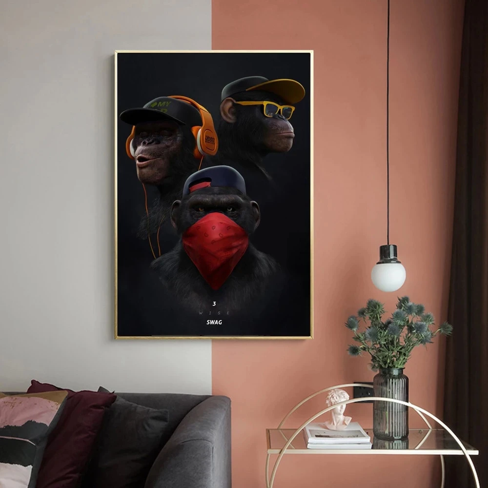 

Funny Animals Chimpanzee Posters and Prints Wall Canvas Art Decor Monkey with Music Headphones Sunglasses and Mask Painting