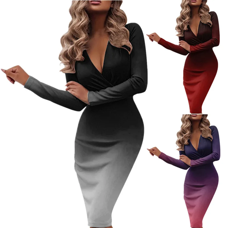 

Gradient Slim Fit Long Sleeve Sexy Deep V-Neck Dress Club Autumn and Winter Dress Midi Women Elegant Temperament Stretchy 2022