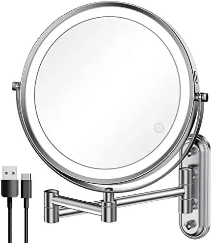 

Lighted Makeup Mirror Brushed Nickel, Vanity Mirror with 3 Color Lights, Dimmable Touch Screen,8 Inch LED Double Sided 1X/10X Ma