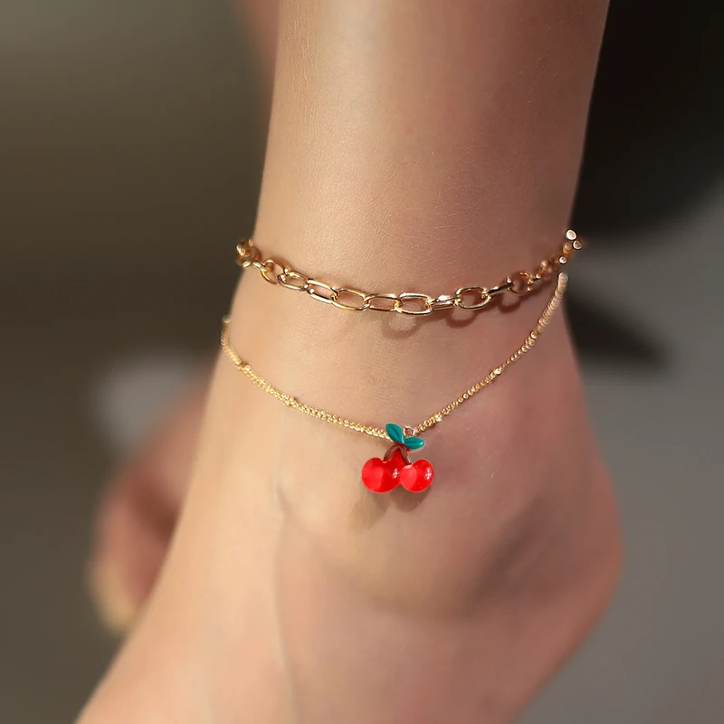 

Cute Red Cherry Anklet Bracelet for Women Summer Beach On Leg Foot Chain Anklet Girls Holiday Jewelry Accessories