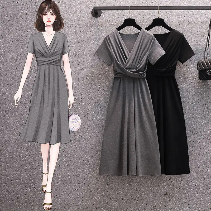 

Large Size Women's Dress Female 2023 Summer New Temperament Show Thin Foreign Qi Folds Solid Color Simple Medium Length Skirt