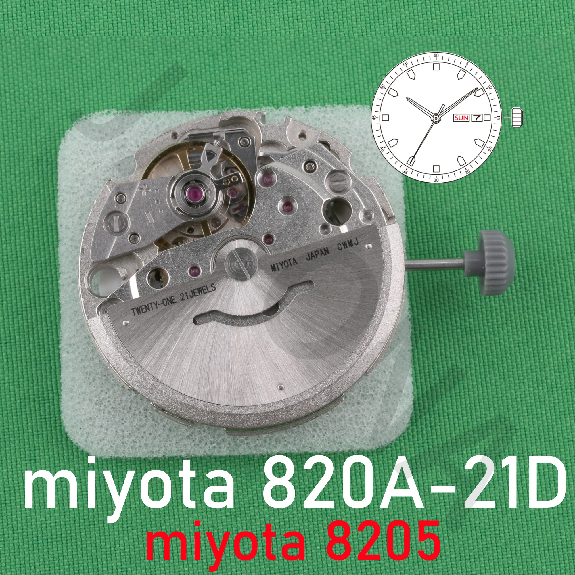 8205 movement silver miyota 820a-21d MIYOTA’s signature standard mechanical movement 3 hands with date/day at 3o'c 8205 820a 820