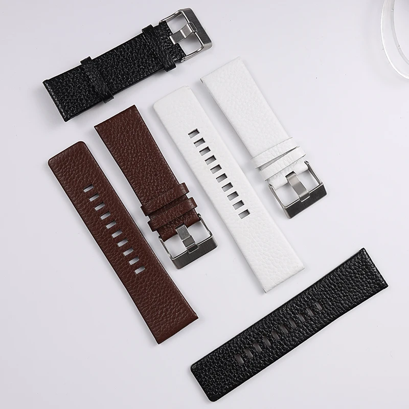 

Classical 22 24 26 28 30mm Lychee Texture Black Brwon White Genuine Leather Tang Buckle Watchband For DIESEL With Logo