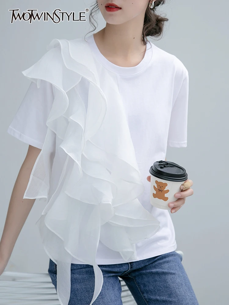 

TWOTWINSTYLE Patchwork Ruffles T Shirt For Women Round Neck Short Sleeve Casual T Shirts Female Fashion New Clothing 2022 Summer