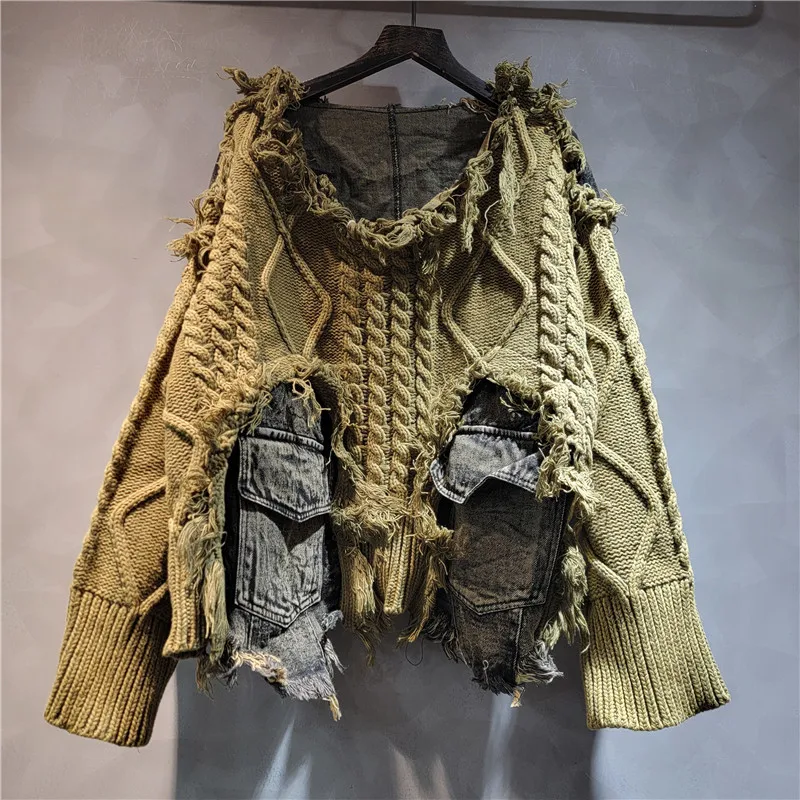 Винтажный потертый джинсовый свитер с длинными рукавами и карманами в стиле