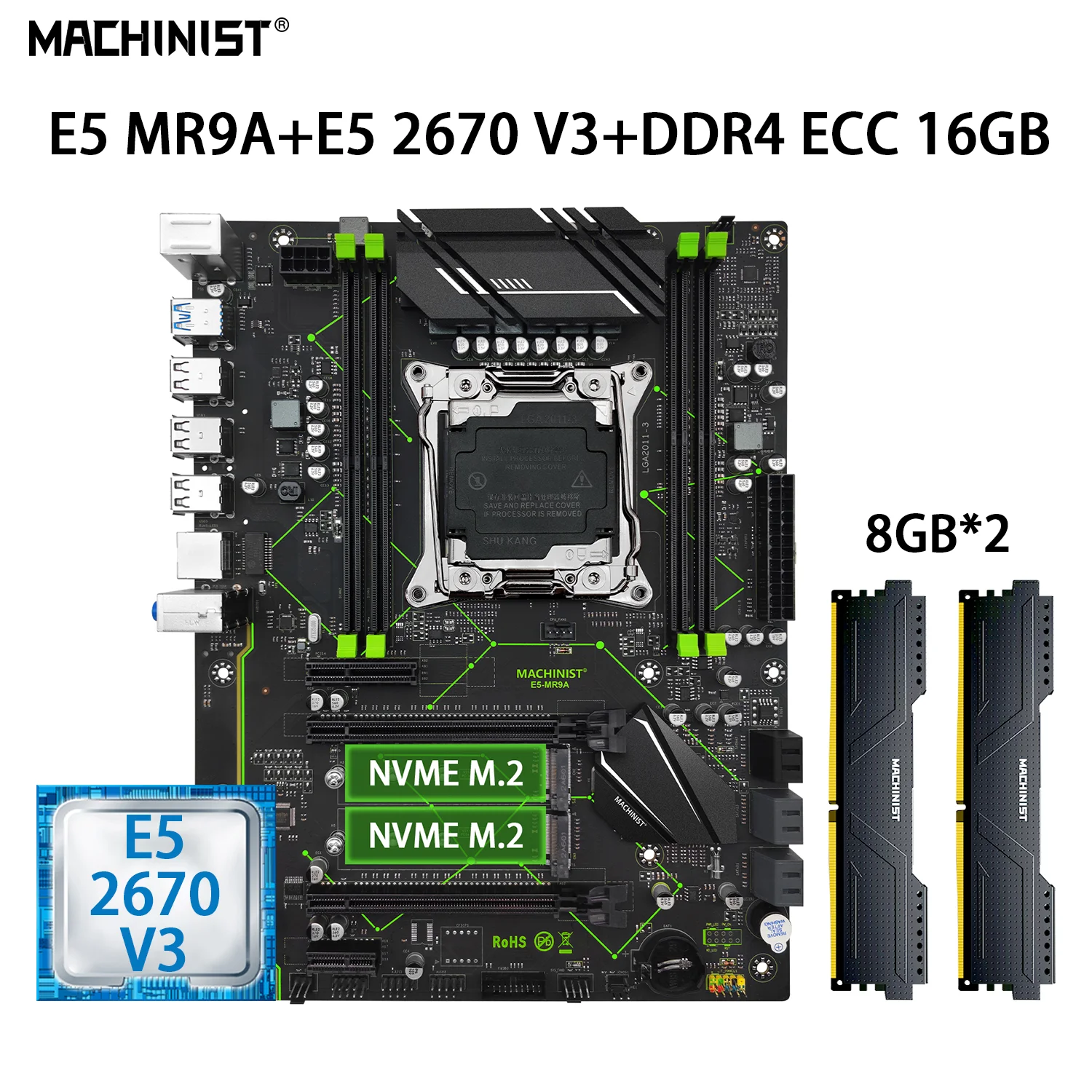 

MACHINIST E5 MR9A Motherboard Kit Set LGA 2011-3 With Xeon E5 2670 V3 Processor DDR4 ECC 16GB=2*8GB RAM Memory PCIe 3.0 SATA3.0