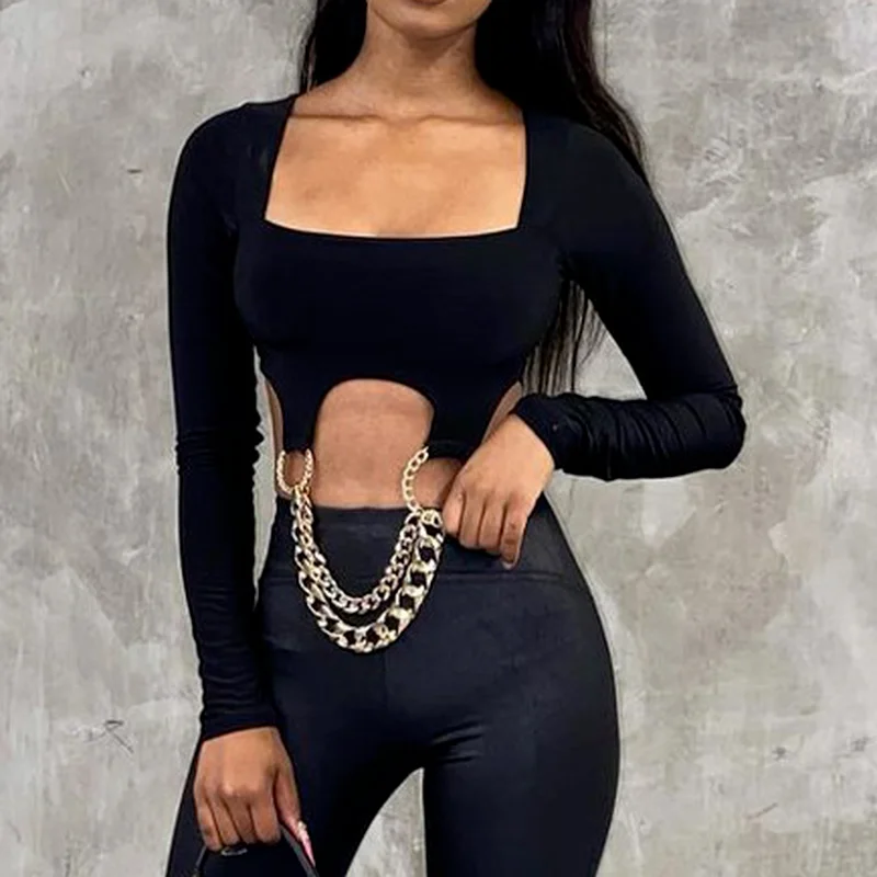 Cropped Top Ladies Sexy Suspenders Long-sleeved Tight-fitting Chain-style Slim Casual Cool Streetwear Short T-shirt 2022 Fall