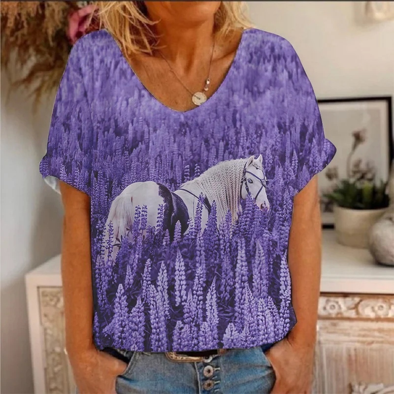 

Women Clothing 2021 New Summer Oversized Tops Casual Short Sleeve VNeck Loose White horse Print T Shirt Plus Size Ladies Tee Top
