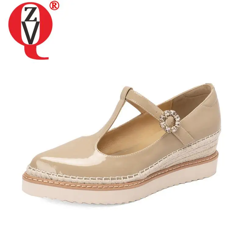 

ZVQ Women Fashion High Heels Platform Wedge Full Leather Shoes Autumn New Style Patent Leather T-Strap Casual Pumps 34-39