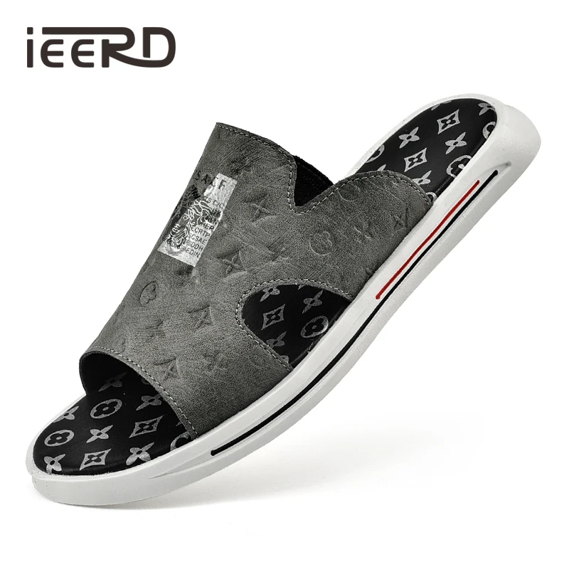 

Soft Genuine Leather Men's Slippers Fashion Summer Shoes Man Slides Print Breathable Flip Flops