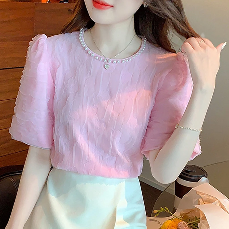 

Korean Summer Beading Lace Shirts for Women 2023 New Sweet Blouse Puff Short Sleeve O-neck Casual Loose Tops Women Blusas 27169