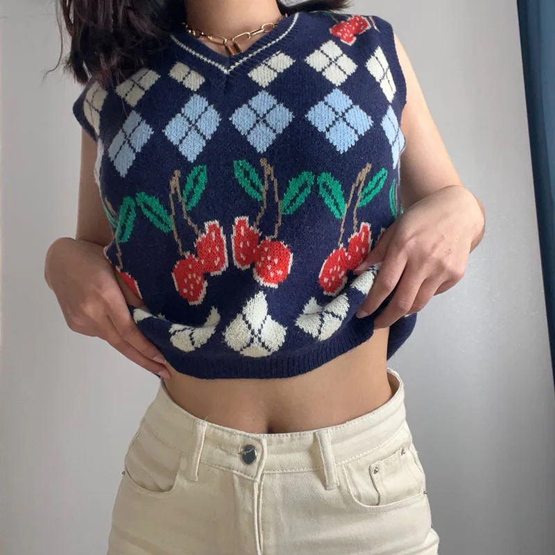 

Women Y2k Knitted Vest V-Neck Sleeveless Geometric Fruit Printed Loose Pullover Sweater Outerwear