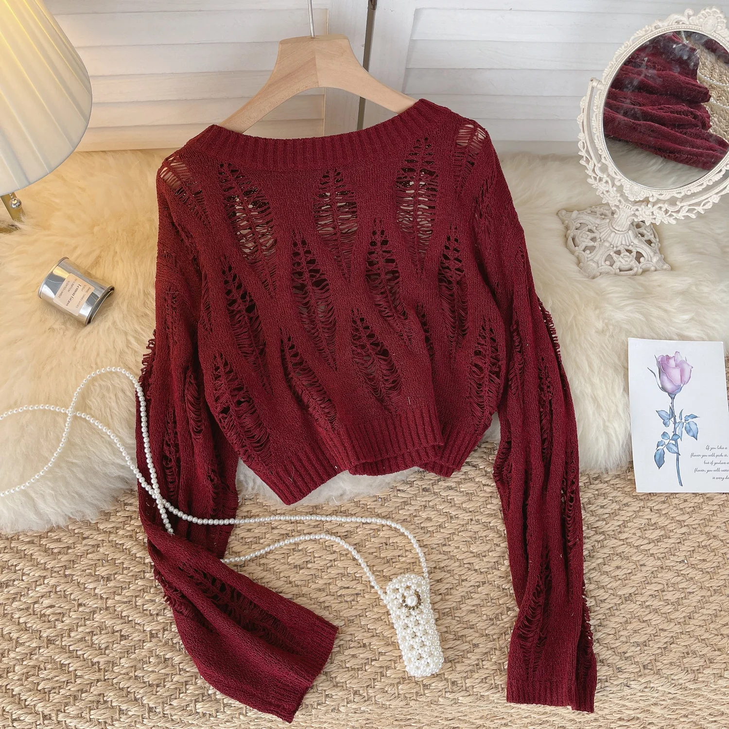 Свободный короткий свитер с вырезами вязаная Солнцезащитная рубашка джемпер