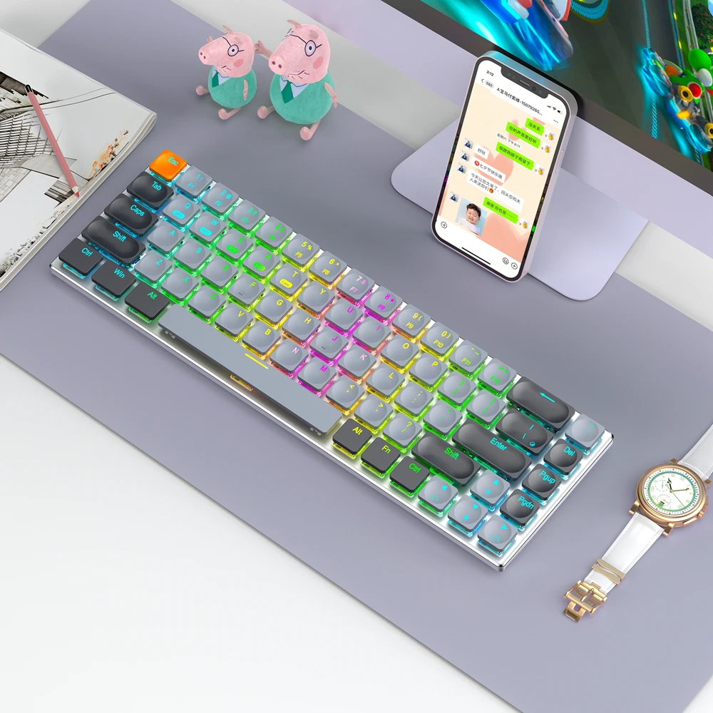 

Механическая клавиатура RGB с 68 клавишами, ультратонкая проводная беспроводная механическая клавиатура с тремя режимами для Mac/iPad, пк, планше...