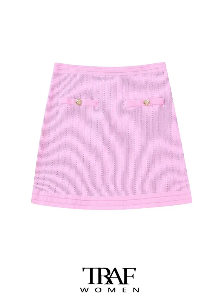 

TRAF Women Fashion With Gold Buttons Knit Mini Skirt Vintage High Elastic Waist Side Zipper Female Skirts Mujer