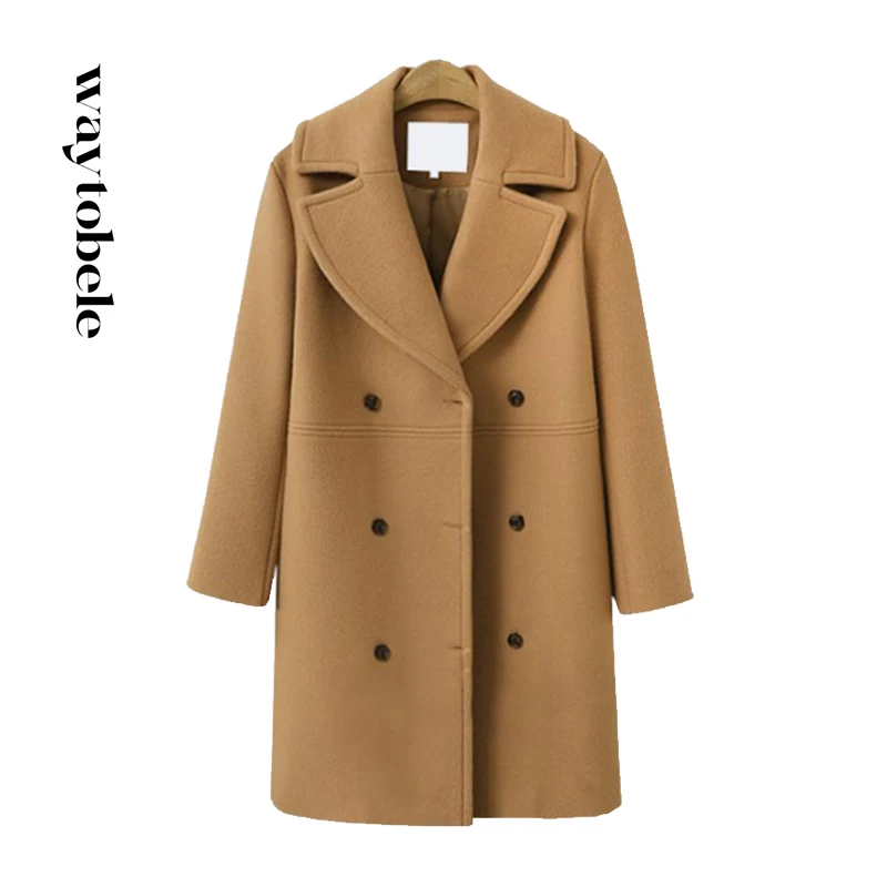 

Waytobele Women Coat Winter Fashion Thermal Woolen Solid Lapel V Neck Double Row Button Mid-Long With Pockets Overcoat Tops