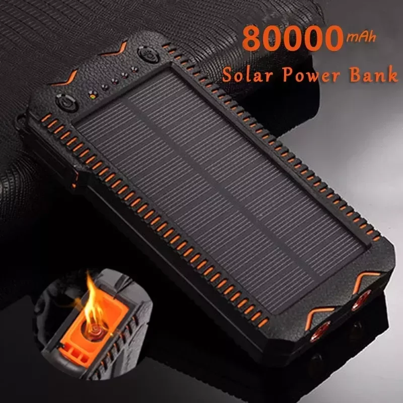 

NEW2023 80000mAh Solar Bank High-Capacity Charging Bank with Cigarette Lighter Double USB Outdoor Emergency Charger