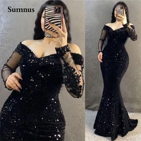 sumnus 2022 mermaid black off shoulder evening dress appliques sequined tulle long sleeve prom party gowns plus size