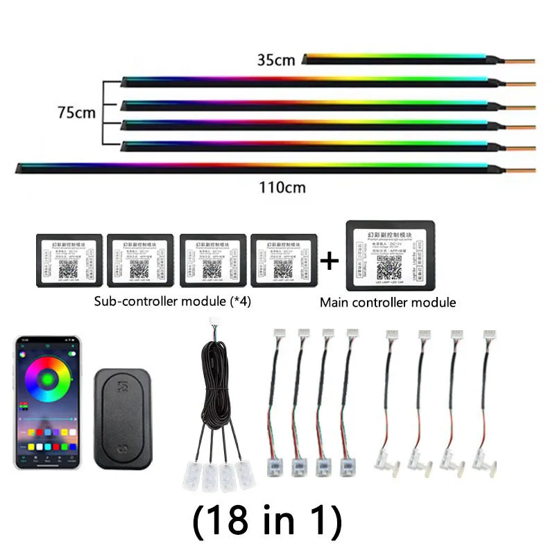 

18 в 1, светодиодные ленты для салона автомобиля, окружающее освещение, цветной RGB 64-цветный акриловый оптический волокно, атмосферная лампа для BMW Audi