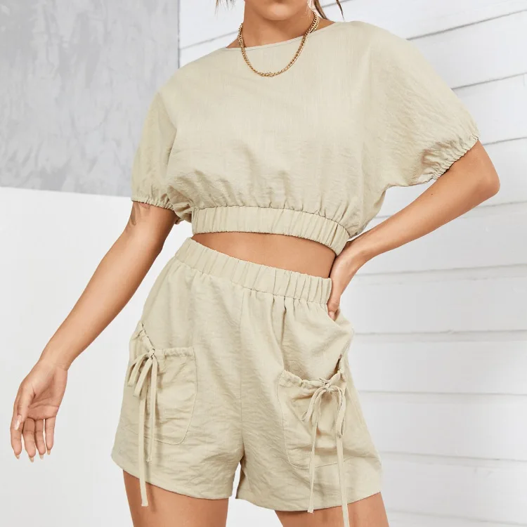 

Kozoca Summer Cotton Linen 2 Piece Sets Womens Outfits Solid O-neck Casual Wear Open Back Lace Up Top Elastic Waist Short Sets