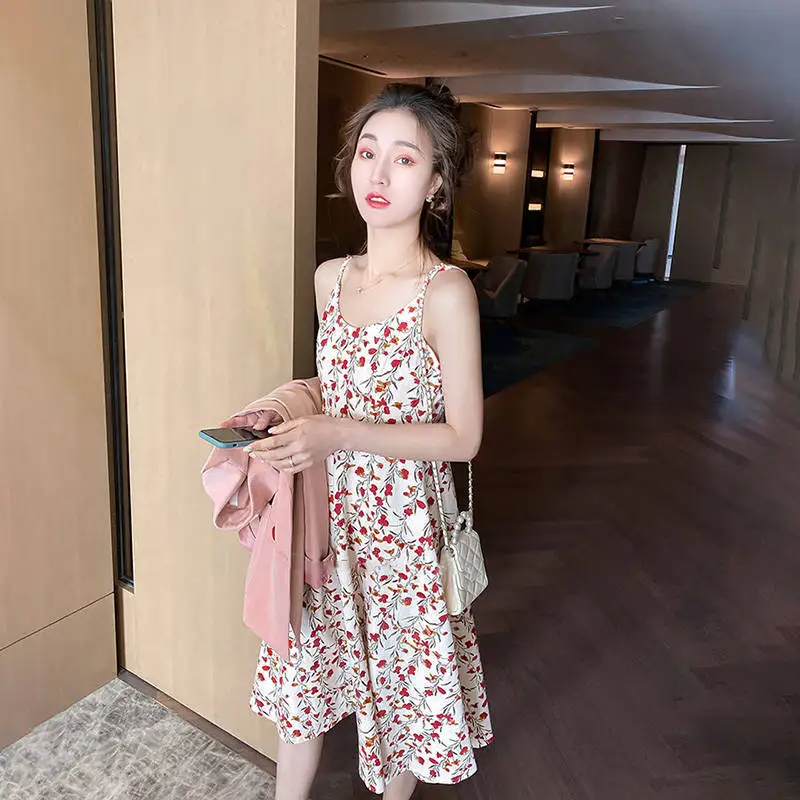 Chiffon Dress Summer Women High Waist Sleeveless Floral Straight Dress Cottagecore Sweet Cute Mid Length Spaghetti Strap Dress