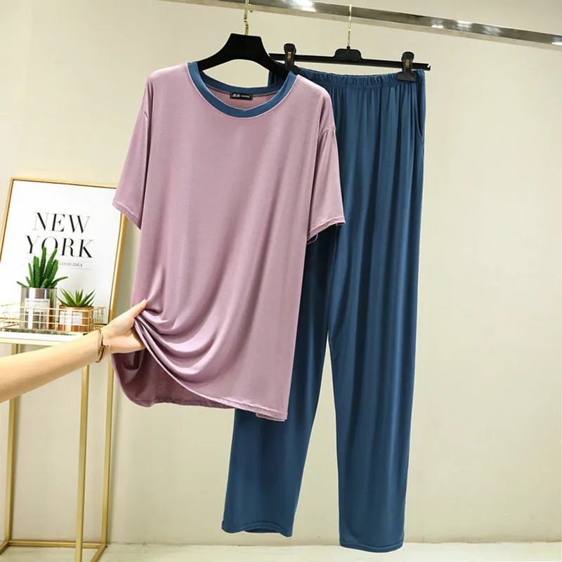 Summer Pajamas Set Casual Sleepwear For Women Elastic Short Sleeve Shirts Pyjama Women's Simple Color O-Neck Fashion Clothes