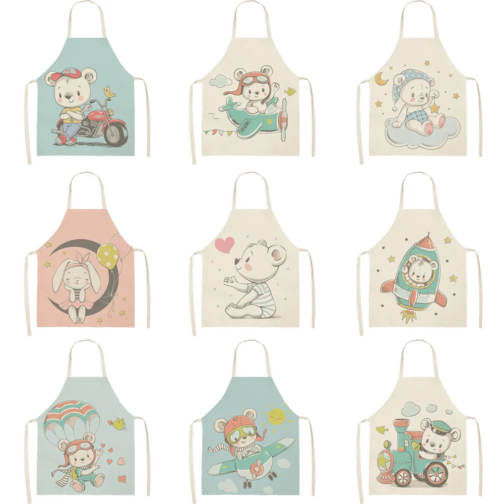 

Home Decor Waterproof Cooking Oilproof Linen Antifouling Chef Apron Cartoon Bear Print Women's Kitchen Apron