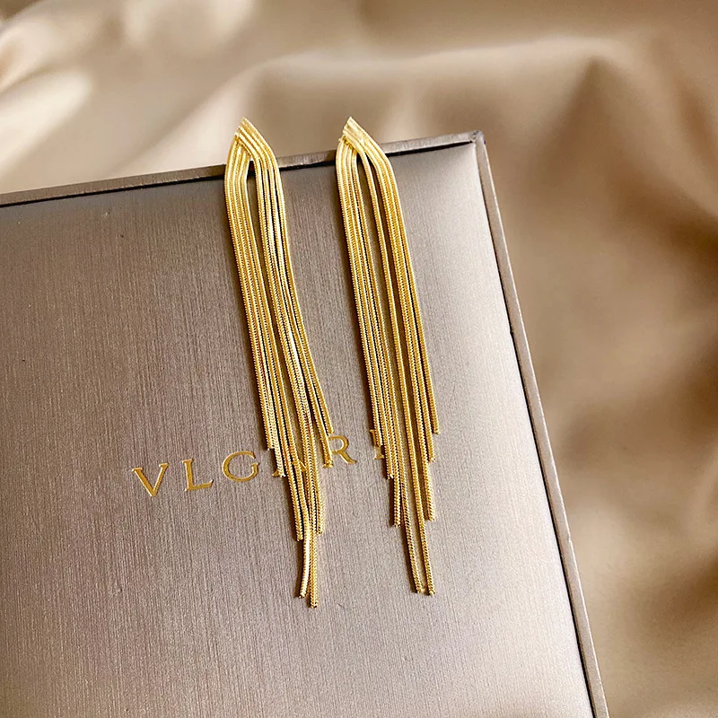 

Korean Fashion Gold Color Bar Long Thread Tassel Drop Earrings for Women Glossy Geometric Earring Wedding Party Jewelry Gift
