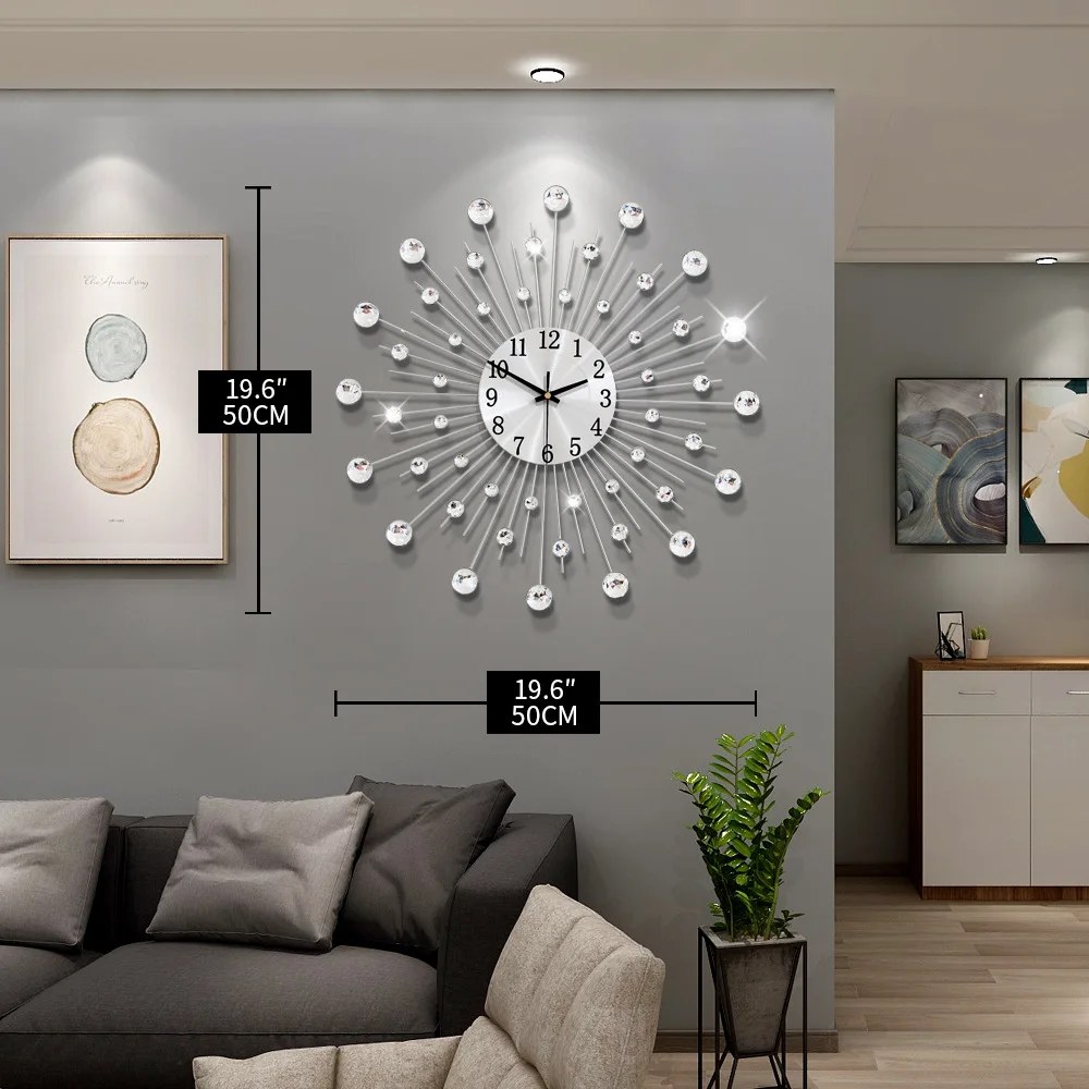 Vintage Metal Crystal Sunburst Wall Clock Large Morden Wall Clocks Design Home Art Decor Ornaments