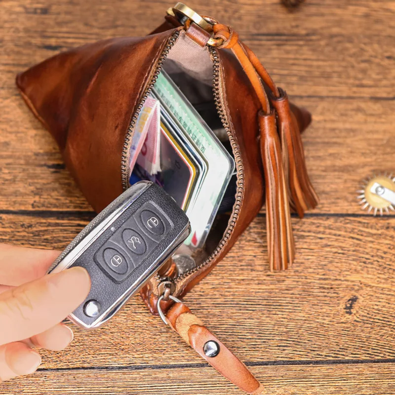 2023 Plant Tanned Leather Vintage Head Layer Cowhide Hand Bag Female Handmade Large Capacity Key Bag Coin Purse