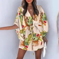 fashion batwing sleeve print lace up mini dress for women sexy v neck casual loose boho holiday short dresses woman 2022 summer