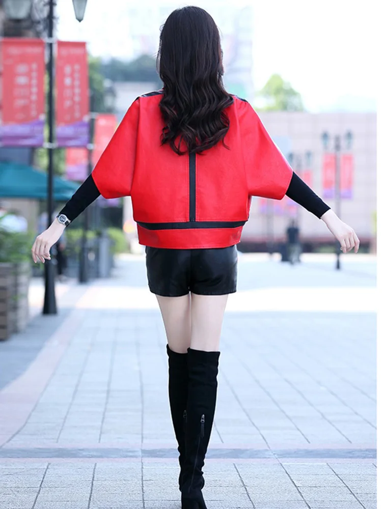 Spring Autumn Lapel Splicing Leather Jacket 2022 New Chic Women Batwing Sleeve Soft Short Sheepskin Coat Casual Loose Outerwear