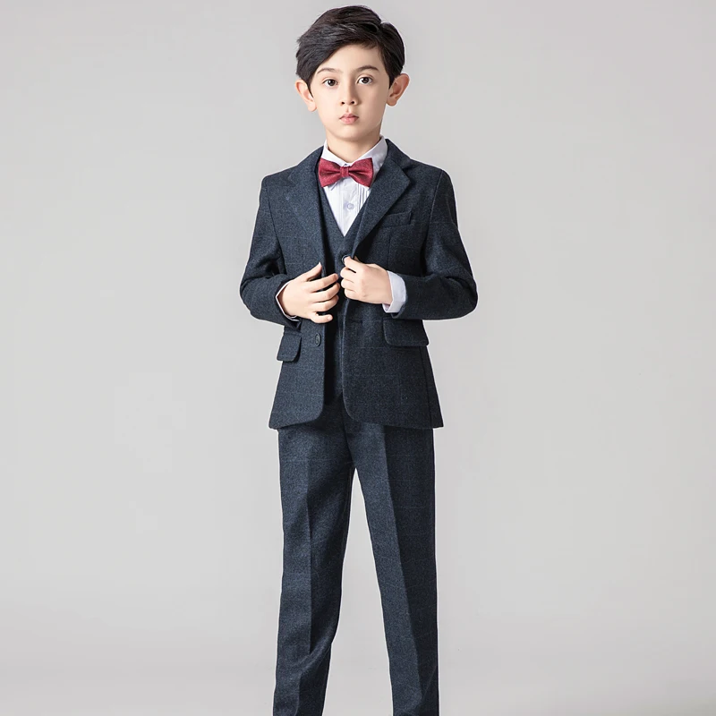 

Boys Dress set Suit 4 Pieces jacket+vest+pants +bow tie Children Formal Suit Jacket Plaid high quality size 2years -12 years