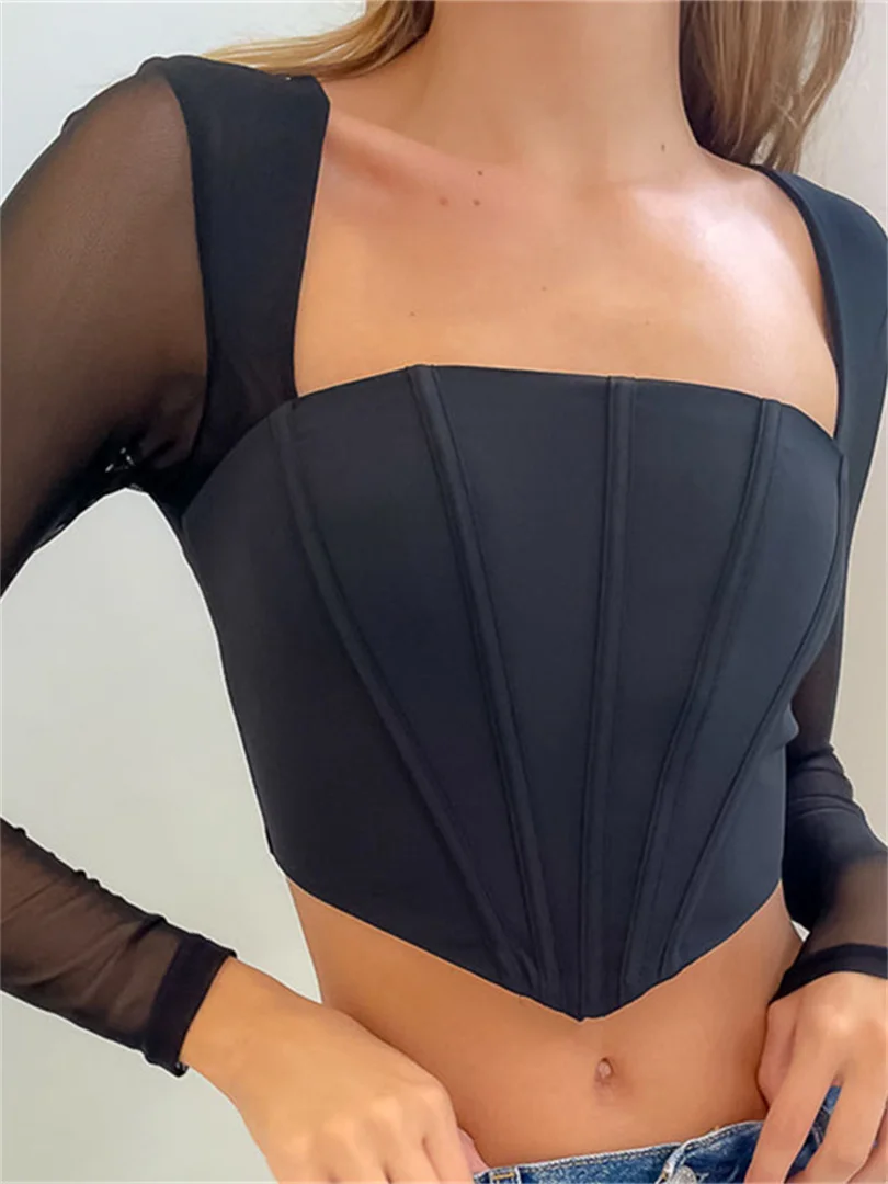 

Топ женский сетчатый с длинным рукавом, квадратным вырезом и молнией сзади