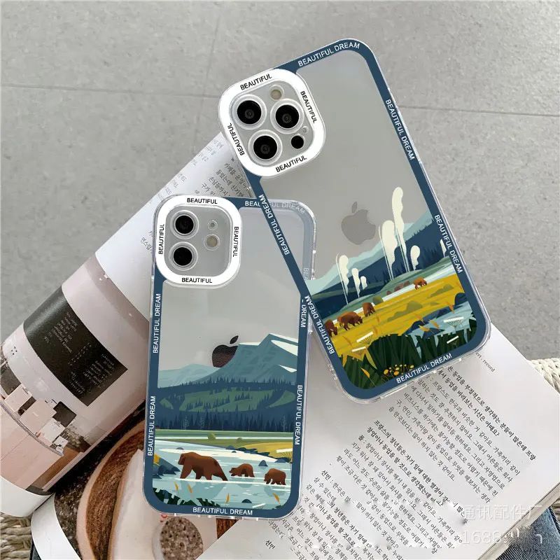 

Landscape Clear Phone Case For iPhone 7 8 Plus SE2 14 11 12 13 Pro Max XS X XR The Mountainous Pastoral Transparent Back Covers
