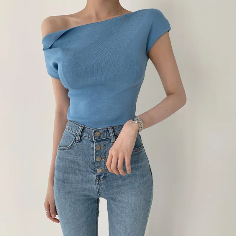 

Women Sexy Skew Collar Sweaters Indie Women Fashion Slim Fit Lady Shoulderless Jumpers 2023 Summer New Short Sleeve Pullovers