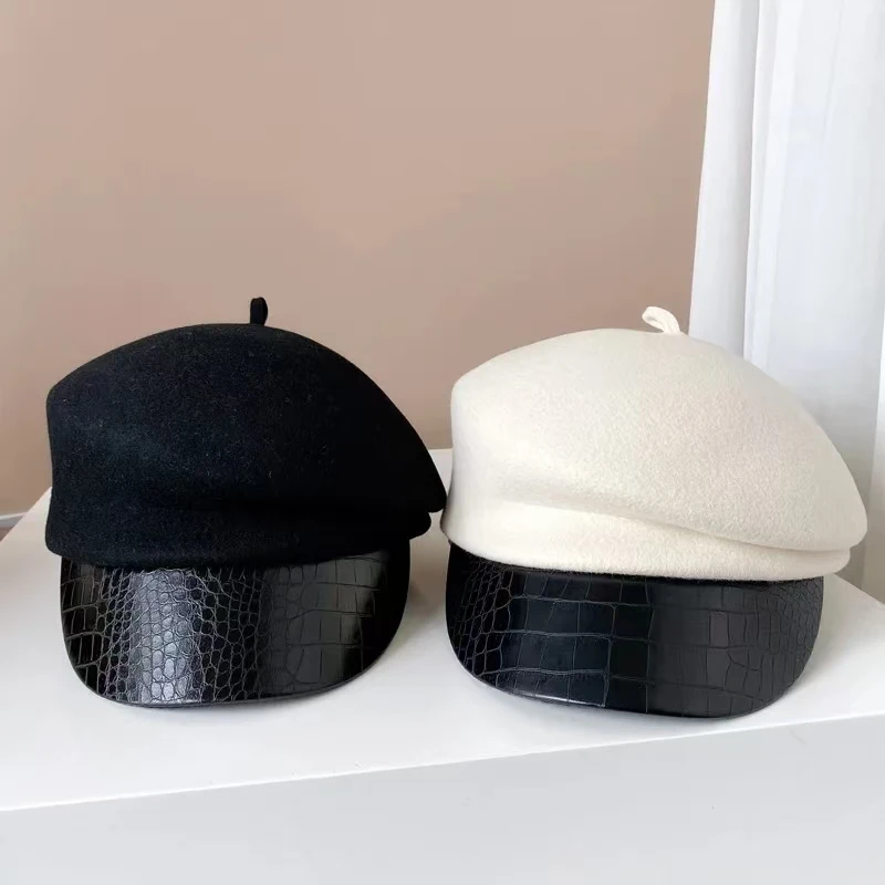 Модный кожаный шерстяной берет с полями женский осенне-зимний корейский стиль