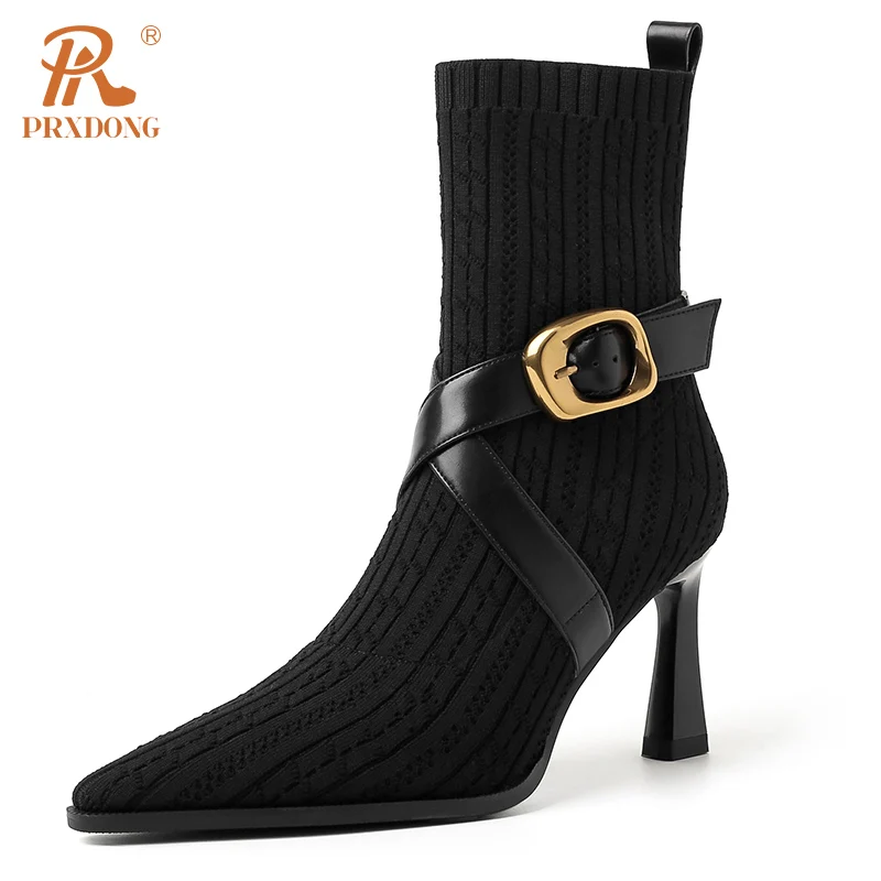 

Женские ботильоны на высоком каблуке PRXDONG, Черные Теплые ботильоны на высоком каблуке, с острым носком, с пряжкой, размеры 34-39, Осень-зима 2019