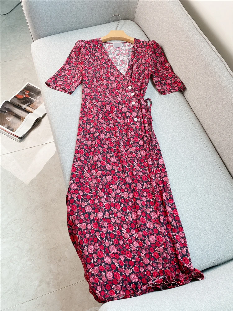 

Rose Short-sleeved A-line Dress for RUANDAI 2022 Summer New French V-neck Wrap Crushed Floral Lace-up Slim Dress Women