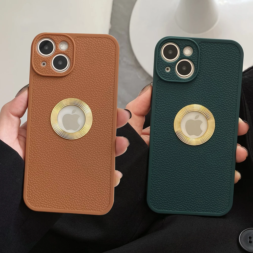 

Leather Texture Soft Silione Case For iPhone 14 13 11 12 Pro XR X XS Max 7 8 Plus Charm LOGO Hole Shockproof Vintage Cover