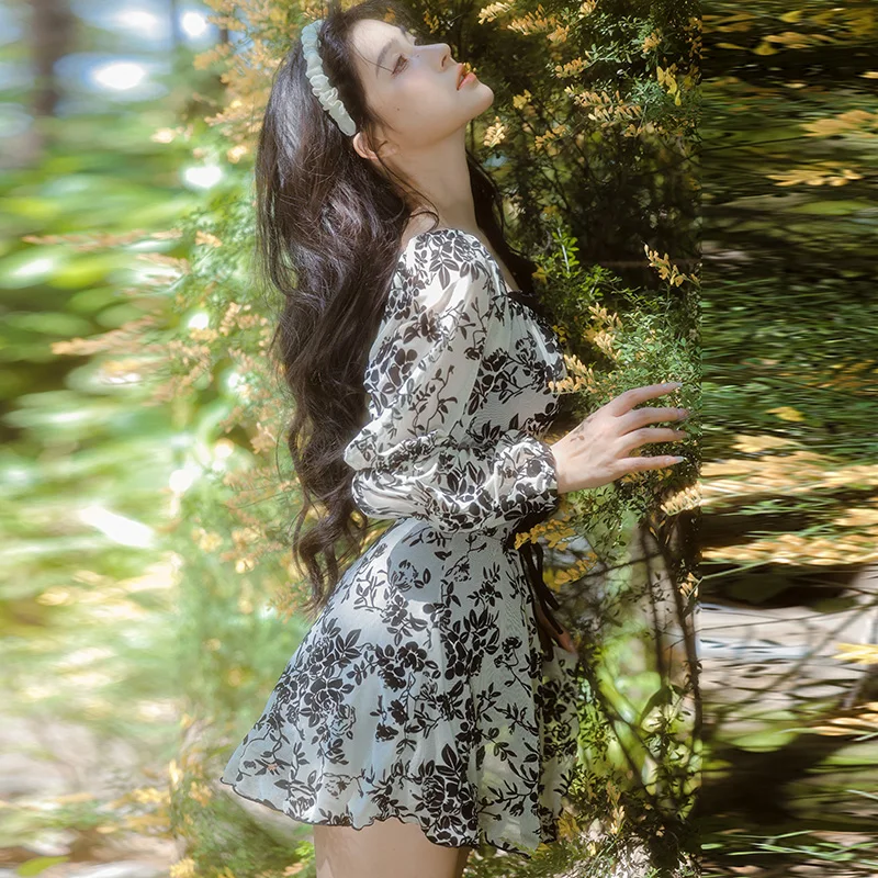 2023 One Piece Swimwear Korean Swimsuit Women Vintage Flower Print Vintage Bodysuit Bathing Suit Hot Spring Wear Beachwear