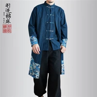 linen coat men fake two piece windbreaker chinese style long shirt tang suit printed dice coat coat