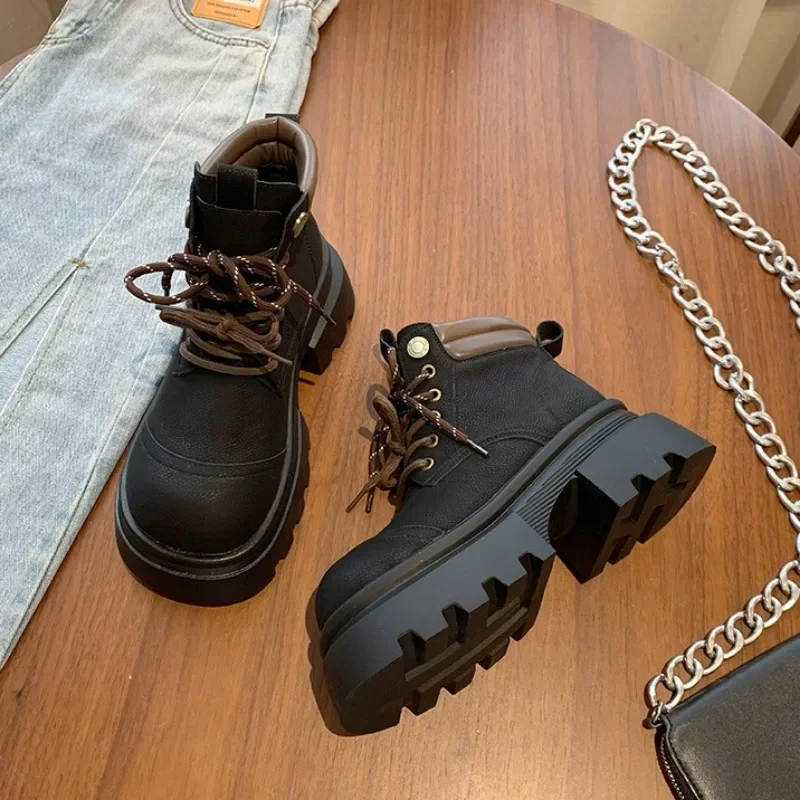 Женские ботинки на платформе из коровьей кожи в британском стиле дизайнерская