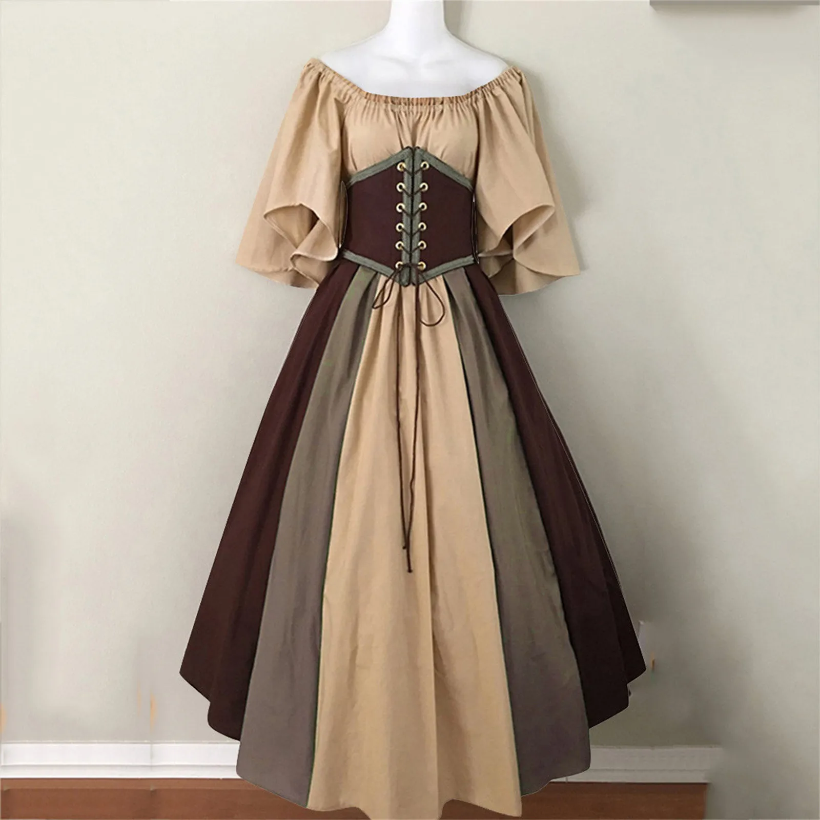 

Dresses for women 2022 Women Fashion Contrast Color Dress Short Sleeves Solid Color Dresses Lace-up Sexy Medievals Vintage Dress