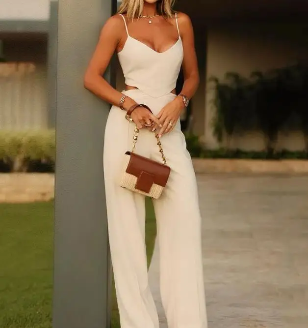 

2023 Woman Long Jumpsuits Elegant Sexy Sleeveless Open Back Strap High Waist Wide Leg Jumpsuit New Fashion Casual One Pieces