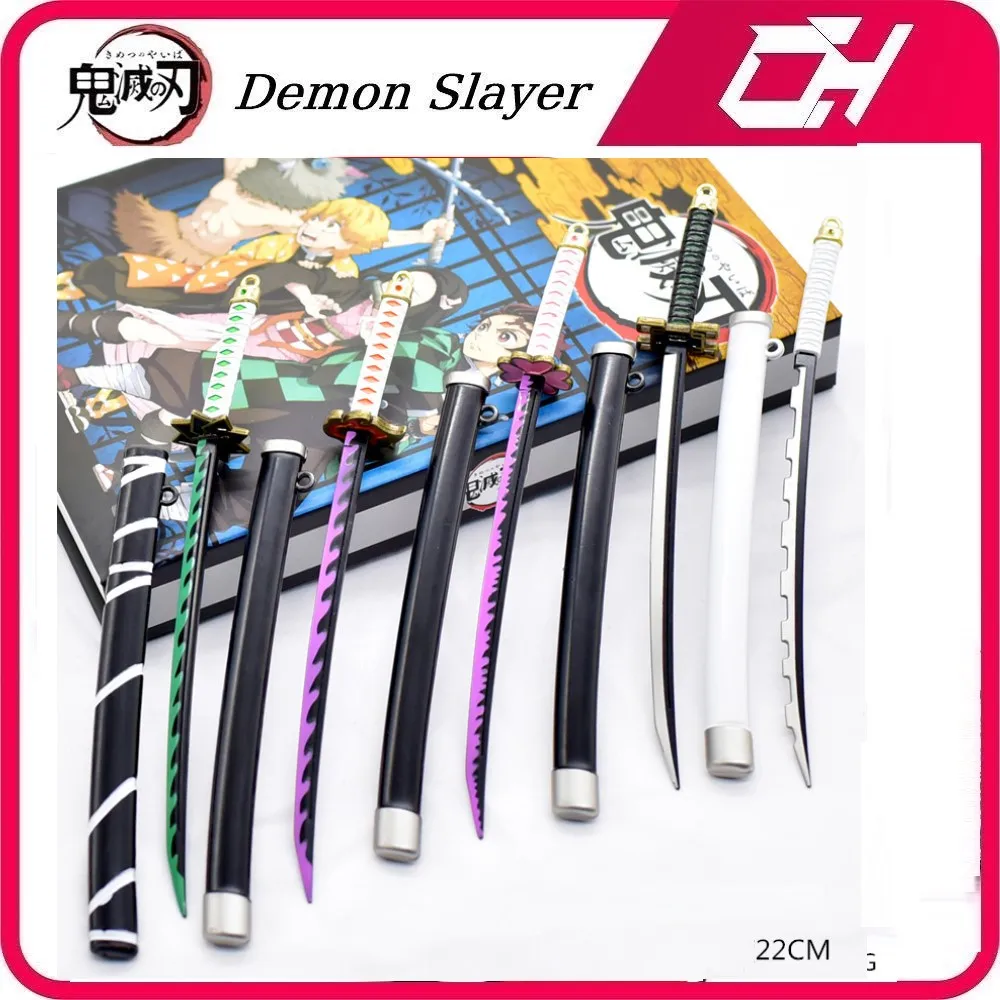 

22cm Demon Slayer 5-piece set Tanjirou Tomioka Giyuu Agatsuma Zenitsu Alloy Katana Sword Anime Keychain Weapon Model Gifts Toys