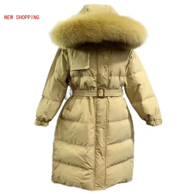 Elegant Female Thicken Warm Winter Down Coat Women Large Real Natural Fox Fur White Duck Down Parka Hooded Winter Jacket Women